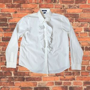 Chaps PL White Ruffle Front Cotton Blouse Top Long Sleeve Boho Career Capsule